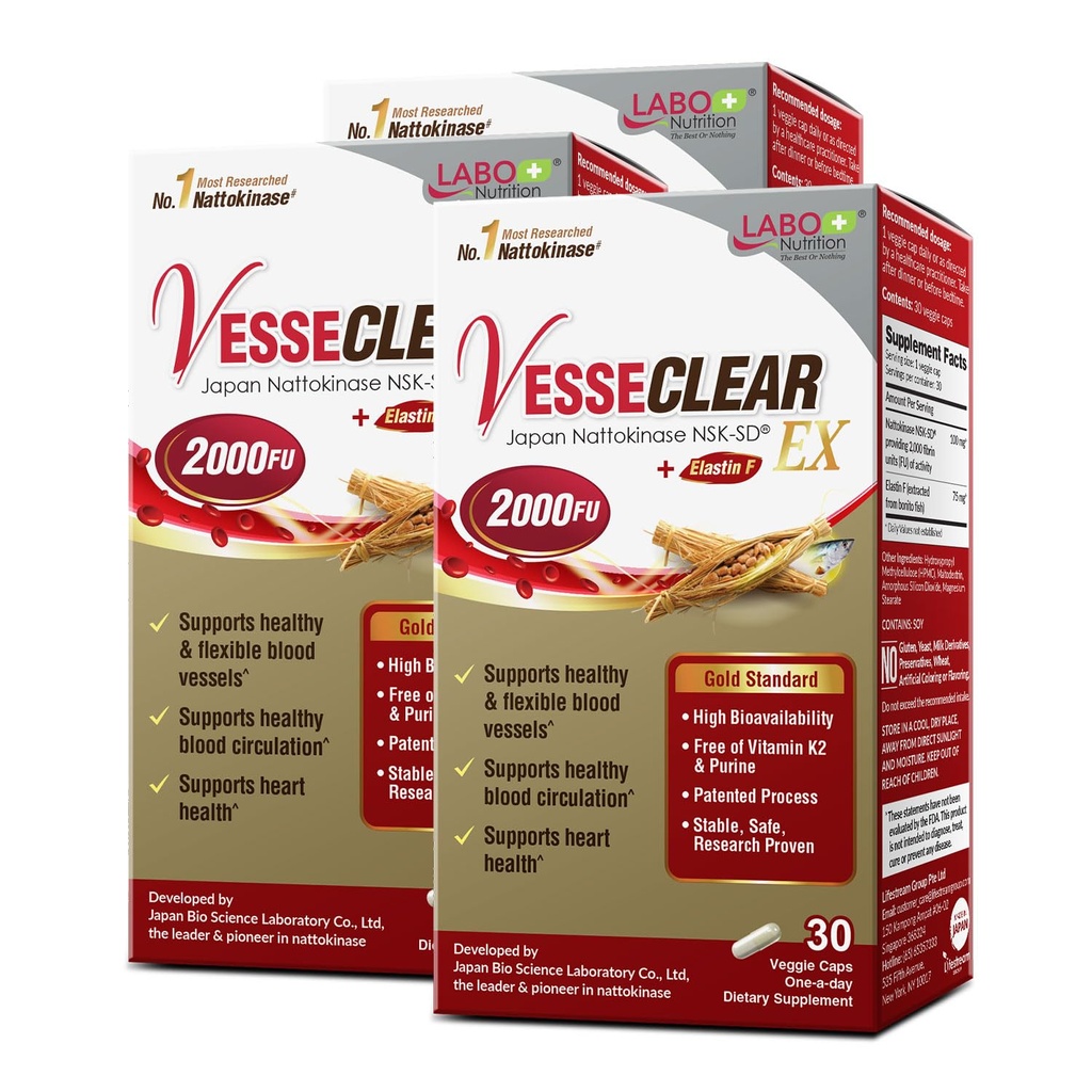 LABO 营养 VesseCLEAR EX: Nattokinase NSK-SD+ELSTIN F 用于清洁和柔性血瓶. 日本最临床研究,功能剂量,酸阻/延迟释放 Capsules, 90 Counter