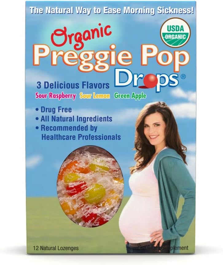 有机Preggie Drops QQ 12 Drops 怀孕期间的每个早间疾病 QQ 对怀孕的妈妈和婴儿的安全 QQ Gluten Free 3 Flavors:柠檬,Raspberry & Green Apple