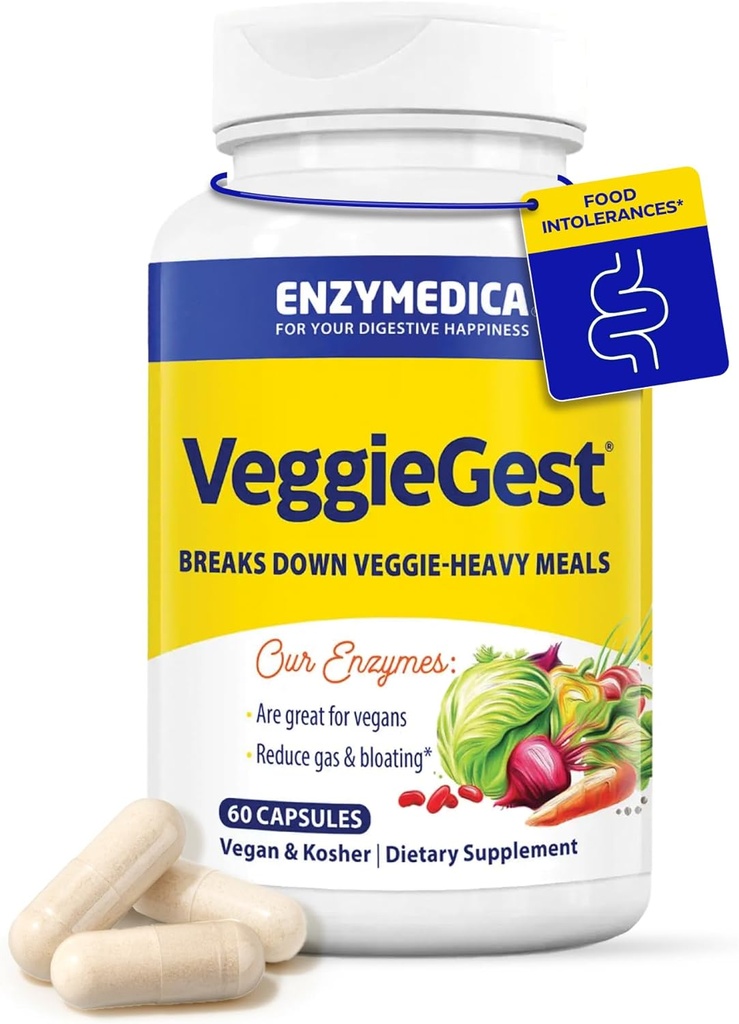 Enzymedica, VeggieGest, 消化酶, 支持偶发气体和从高纤维食品中减肥, 对于Vegan & Vegetarian 饮食, Ezyme Blend for Designive Health, 60 Counter