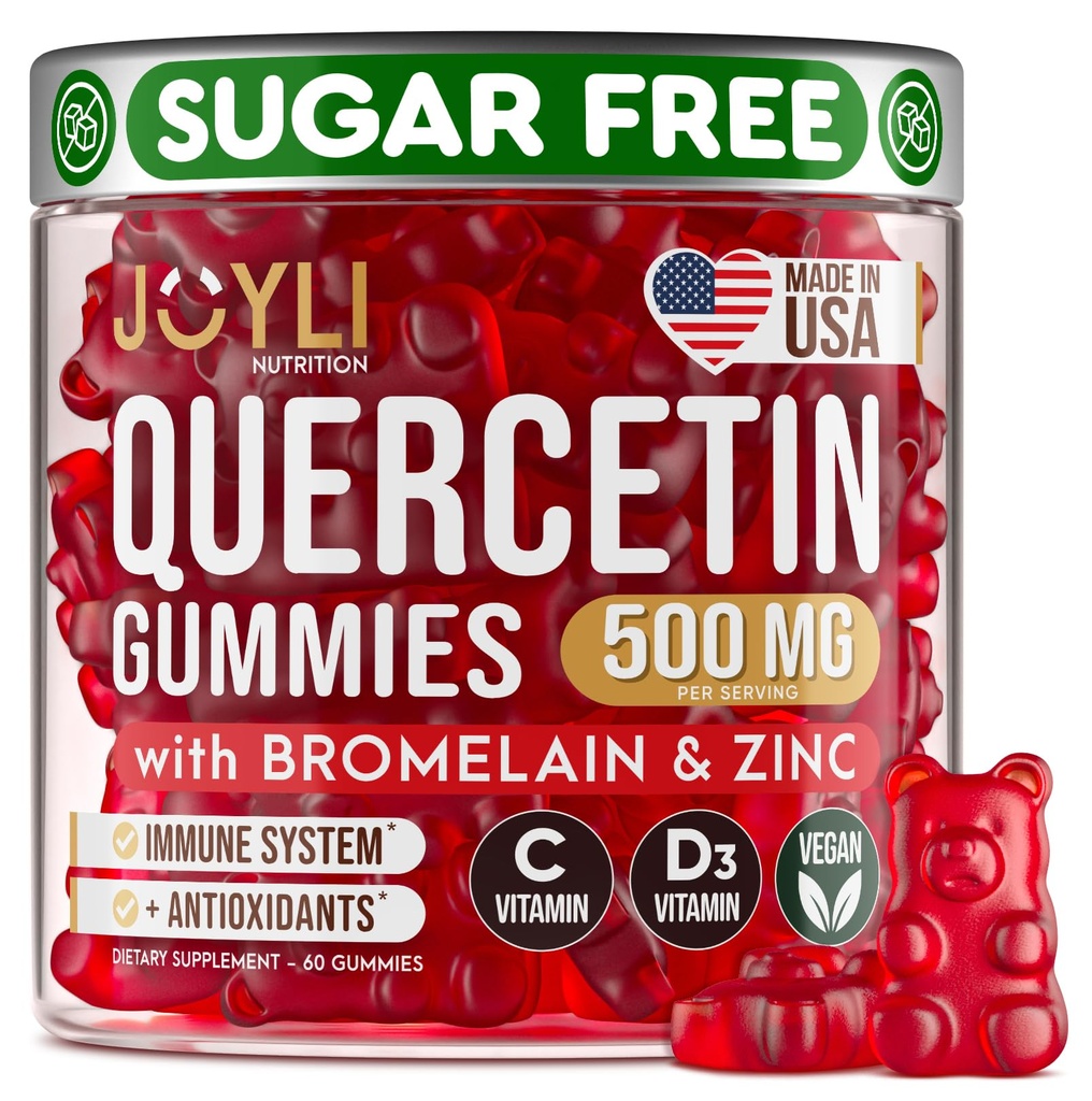 JOYLI Quercetin Gummys - 与布洛梅兰锌的Quercetin 维生素C & Vitamin D3 - Quercetin 补充500MG 免疫系统和过敏 - 儿童和成人的Quercetin - 60 Quercetin Chewable