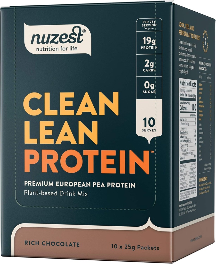 Nuzest - Pea蛋白粉 - Clean Lean protein, Premium Vegan 植物基蛋白粉, 乳品自由, Gluten Free, GMO Free, 蛋白质摇摆, 富巧克力, 0.9 oz, (Pack of 10)
