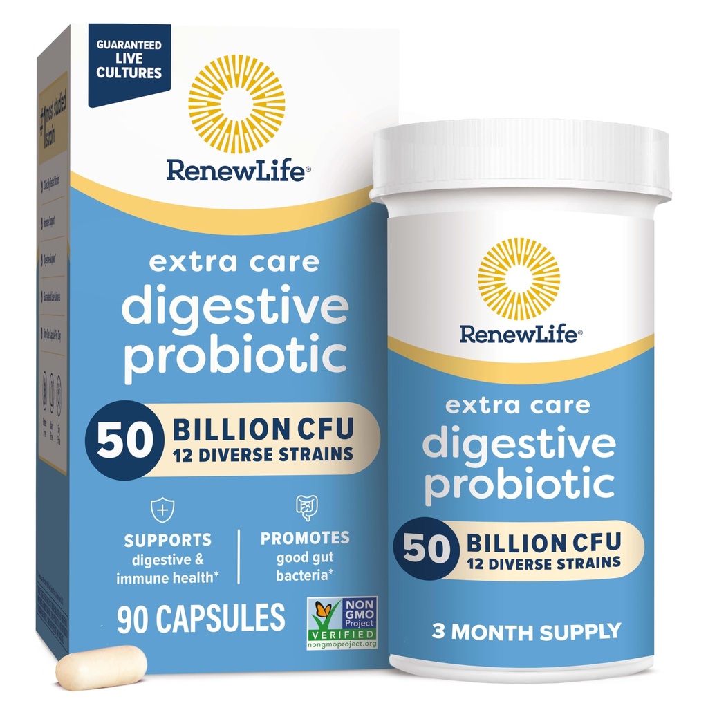 续订生命额外护理 消化消化剂 Capsules, 5亿 CFU 保证书, 每日补充支助 Imune, 消化剂, 呼吸卫生(1), L. Rhamnosus GG, 奶业, 大豆和无葡萄糖, 90 Counter