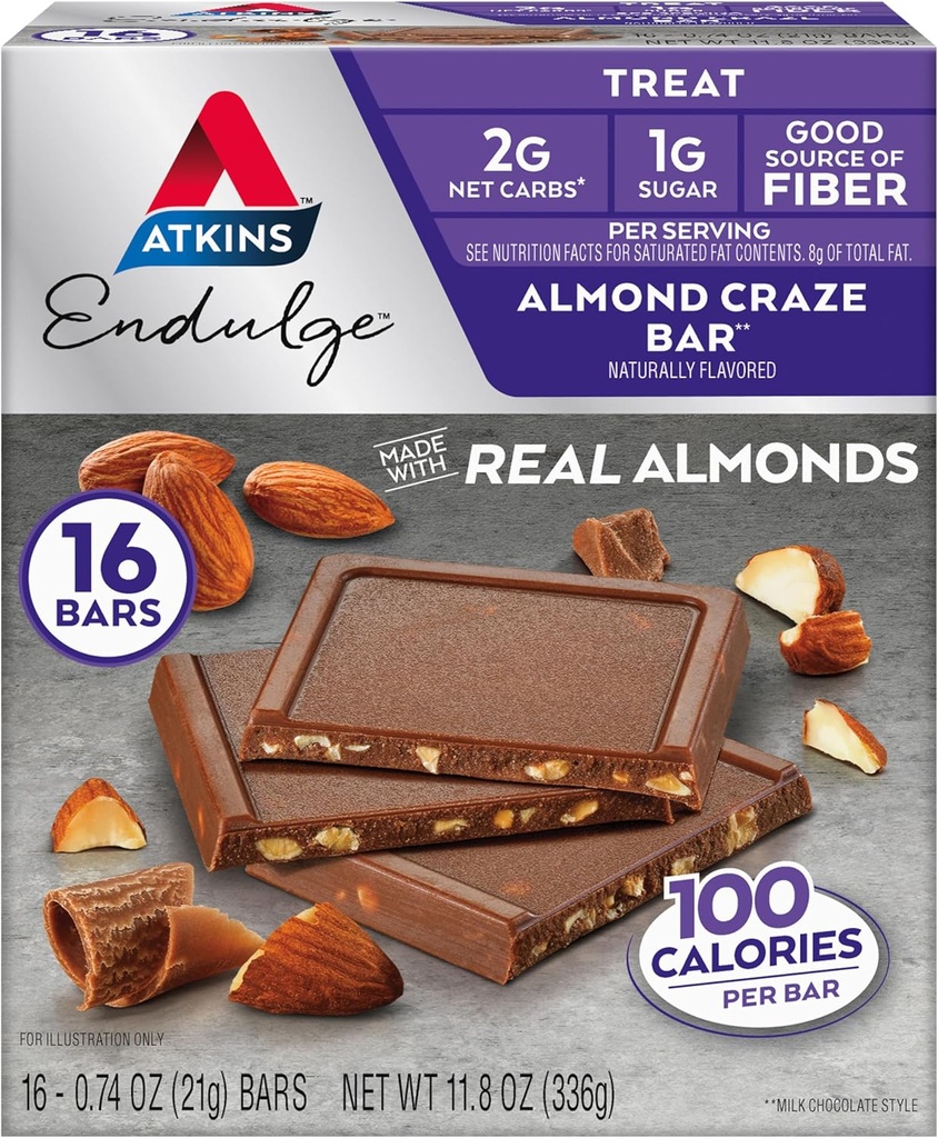 Atkins Endulge Treat, Almond Craze Bar, 2g Net Carbs, 1g of Sugar, 不错的纤维来源, Keto 友好, 16 Counter