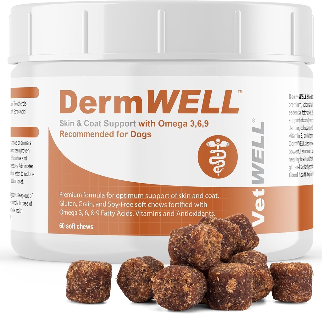 VetWELL Omega 3 配有南极磷虾油的狗, Astaxanthin, Omega 3 6 9, EPA, DHA 配有"神奇皮肤和大衣"(60 Counter)