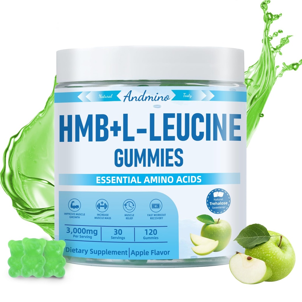 HMB和L-Leucine Gummys, 3000mg, 与Trehalose, 用于肌肉生长、肌肉救济和工作恢复, 面向成年人和老人, Non-GMO, Vegan, Gluten Free, Apple Flavor, 120