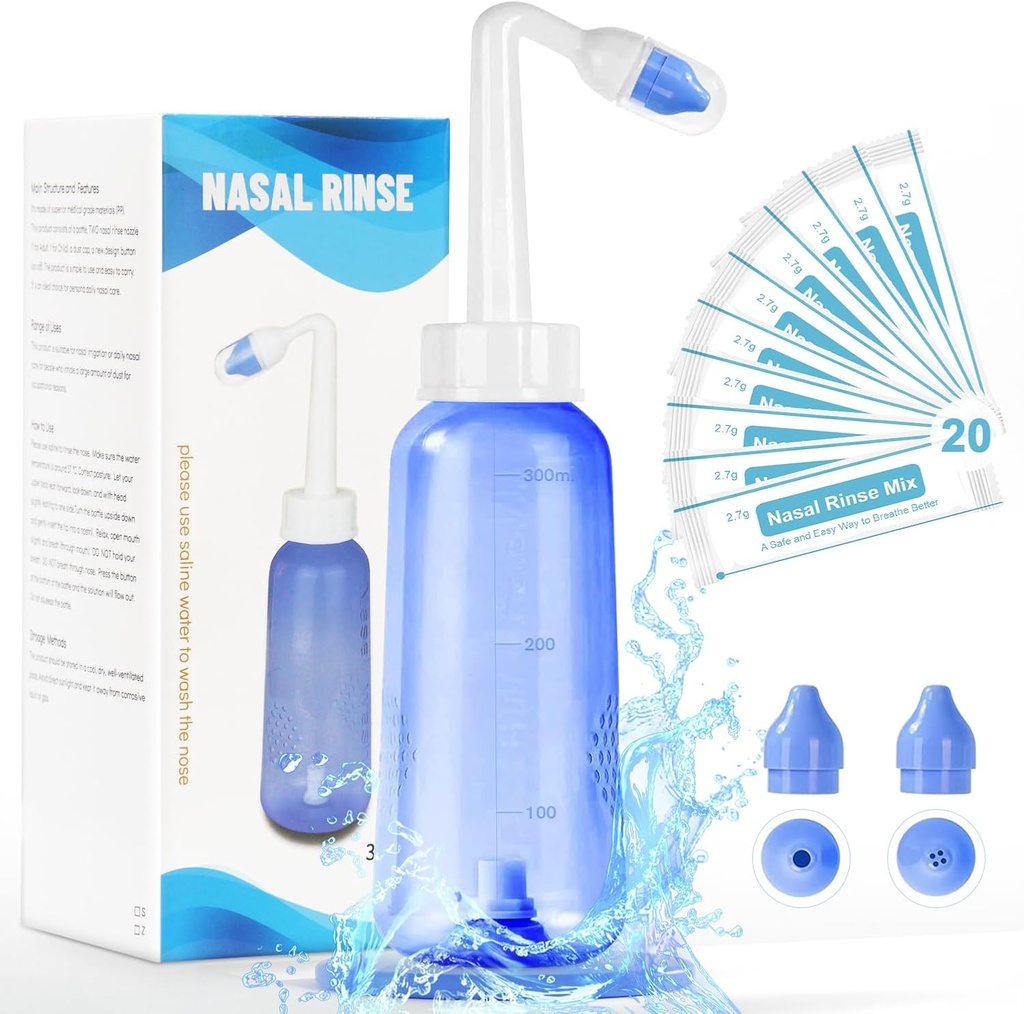 Neti Pot Sinus Rinse 瓶子 - Gentle Nasal Wash Botle Nose 清洗器,用于有效压力Irrigatio 300 ML,配有20个鼻水洗盐包
