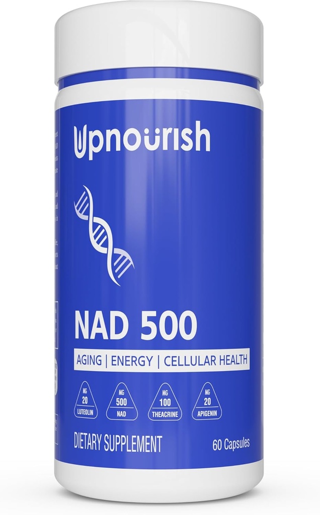 亚丁宁二核苷酸NAD补充剂-500毫克NAD+ 补充Resveratrol、Quercetin、Theacrine、Luteolin、Apigenin-Nicotinamide Riboside NR 男女替代品,60卡普勒斯