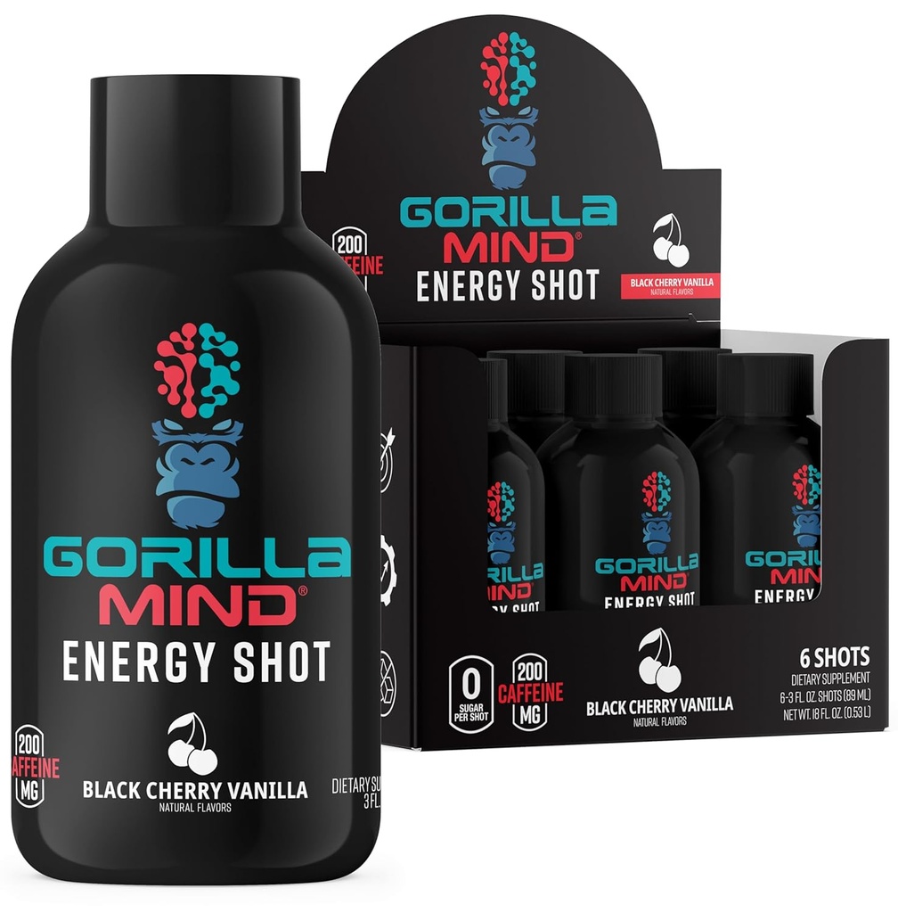 Gorilla Mind Energy Shots (Pack of 6) - 增强焦点与能量,无糖,快动作,配有维生素和天然提取剂的强力配方(黑色樱桃香草)