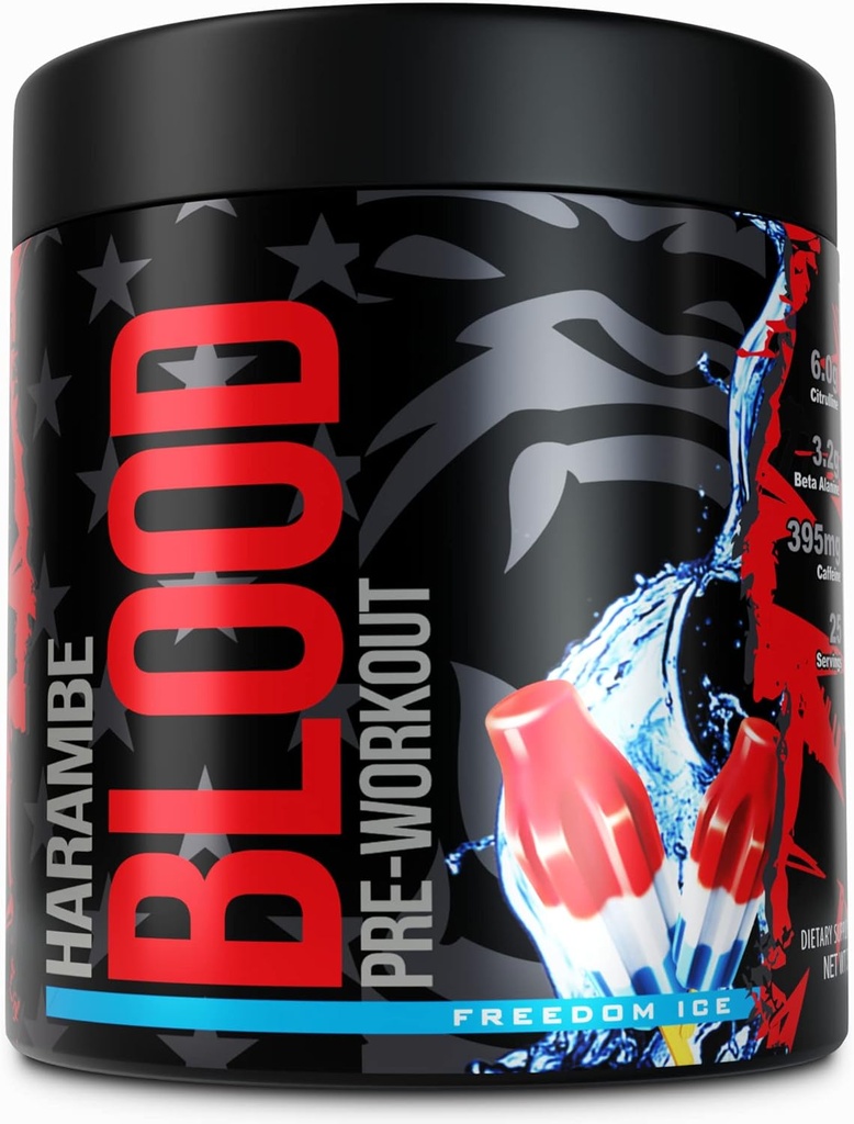 Harambe Pre Workout – Extreme Preworkout Supplement for Men and Women – 强pre Workout Powder – 395mg Cafeine 与 Dynamine – 泵、能量和焦点(自由冰)的最佳高刺激预选赛