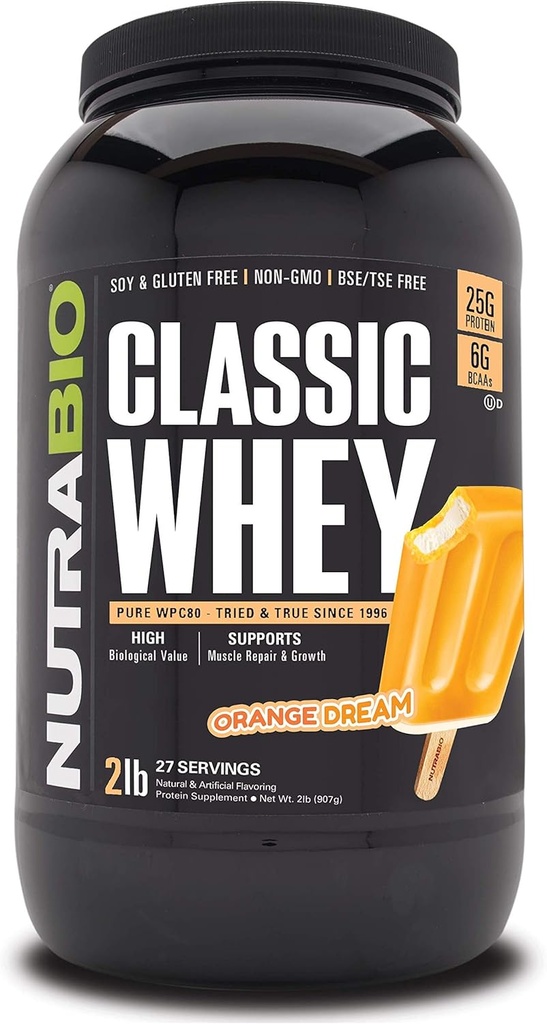 NutraBio Classic Whey蛋白粉 - 25G of Protein Per Scoop - Full-Spectrum 氨基酸简介 - 无填料,人工颜色,防腐剂 - 橙色梦,2英镑