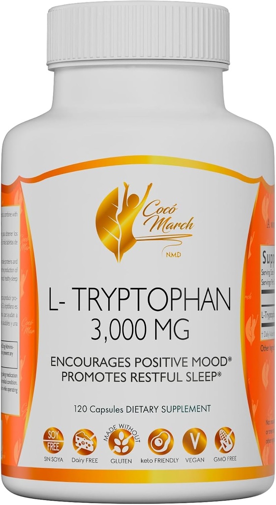 Cocó March N.M.D L-Tryptophan Sleep Aid 500 mg, Gluten Free, Vegan, GMO Free, 奶制品 Free, Keto Friendly, Soy Free - 30 services (英语).
