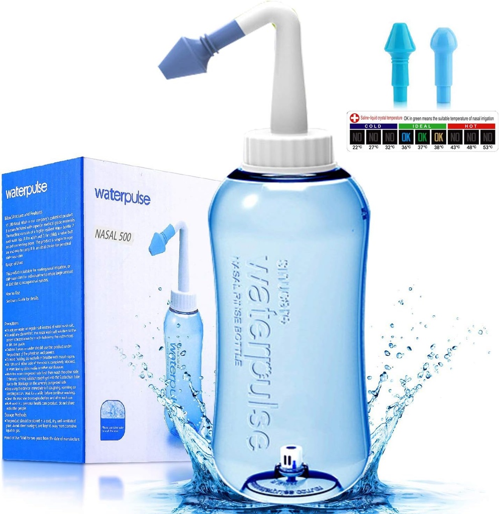 Darate Neti Pot Sinus Rinse瓶,鼻冲洗净压液喷洒,成人和孩子用粘贴温度计免费BPA(500ML)