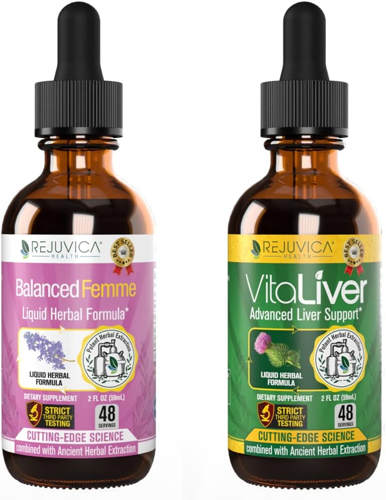Rejuvica 健康平衡 Femme + VitaLiver - 支持女性平衡 + 肝脏支持 - 液态交付 更好的吸收 - 牛奶亚特尔,东奎,蒿科,马卡,丹德利翁 & More!
