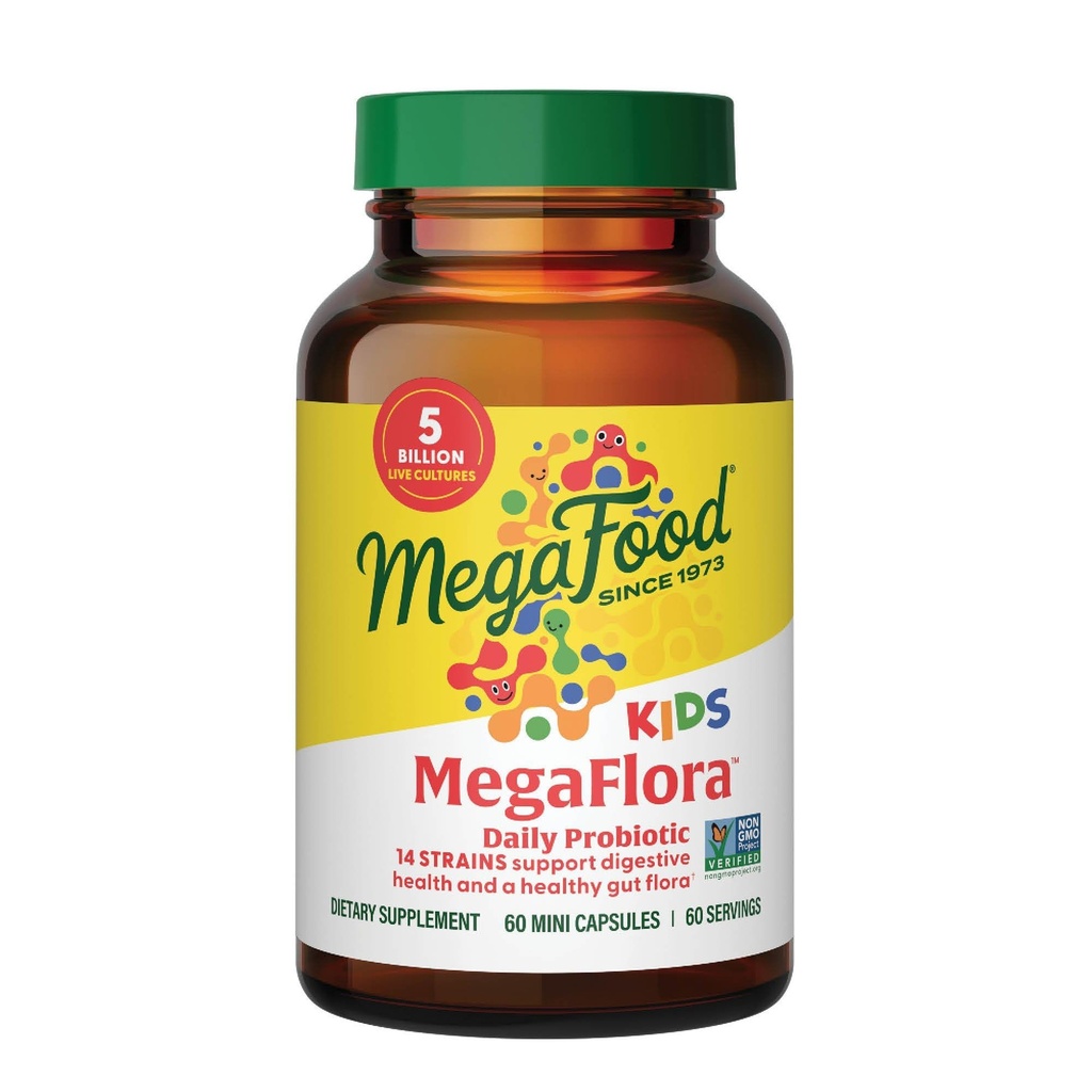 Megafood MegaFlora Kids Probiotics - 5亿 CPUs - 非GMO, 蔬菜,没有9种食品过敏剂的制造, 消化保健的Probiotics - 60种迷你卡普尔(60种服务)