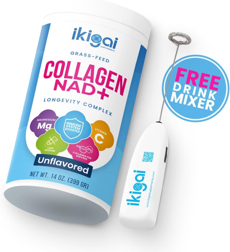 Ikigai Collagen 配有 NAD+(30 services) - 非 GMO, Gluten- Free, Paleo, Kosher - 无 Flavor, 包括 免费饮料混合器