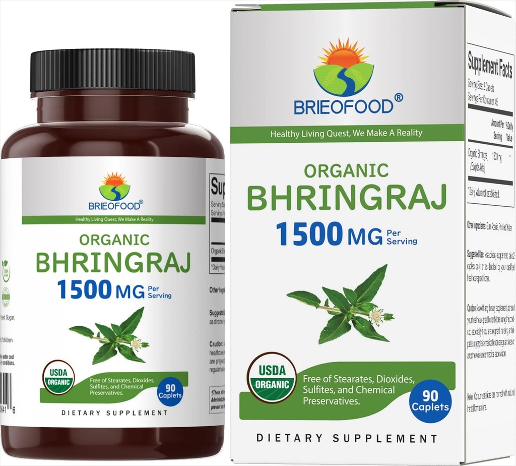 Brieofood Organization Bhringraj 1500mg, 45 services, 蔬菜, Gluten Free, 90 蔬菜片