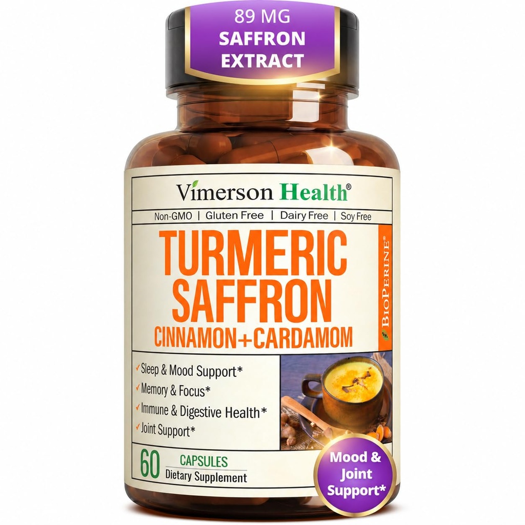Saffron Supplements – 89mg Saffron Extract and 1000mg Tumic blend – 锡兰锡桂和卡达莫姆的Turmeric Supplements for Mood, Memory & Eye Health – 男女联合补编 60 Counter
