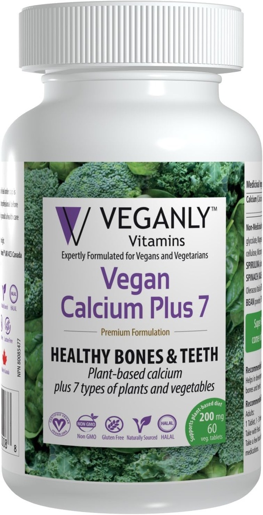 VEGANLY 维生素- Vegan 钙+ 7 健康骨头和牙齿(60盖)植物补充剂