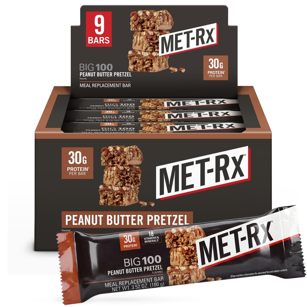 MET-Rx Big 100 Crossal 蛋白棒,大如健康食用替代剂,小吃,和帮助支持能源,花生酱椒,配有维生素A,维生素C,锌,100克(Pack of 9)