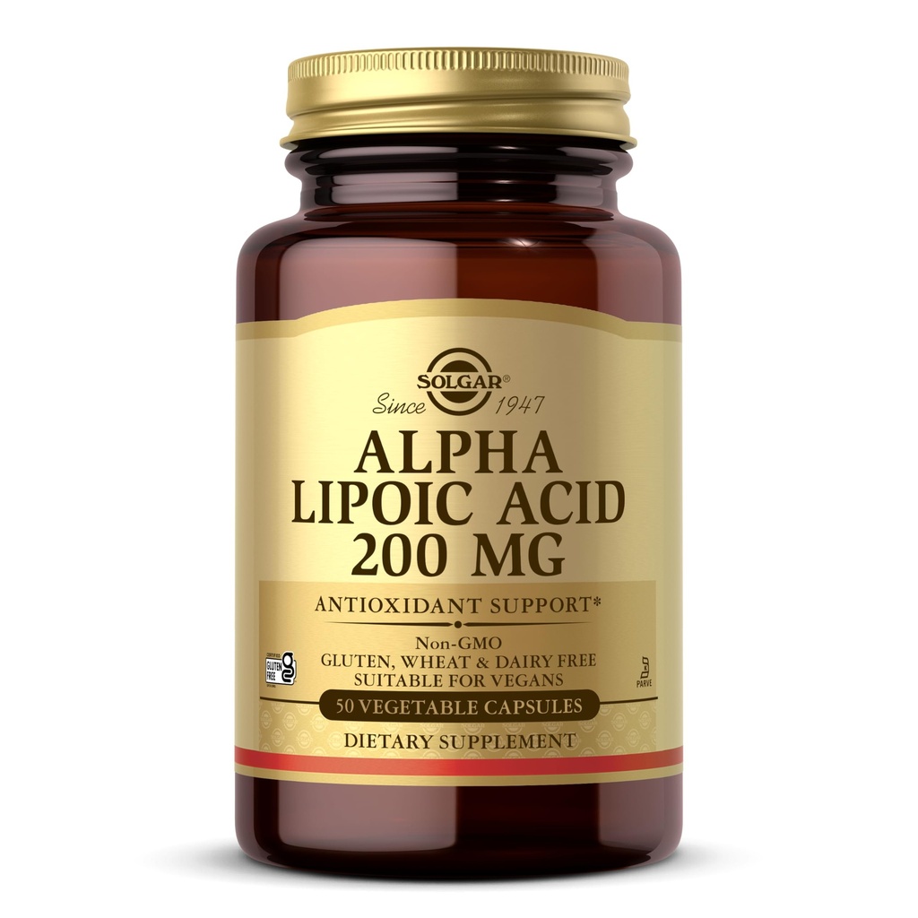 Solgar Alpha Lipoic Acid 200 mg, 50 蔬菜罐头 - 抗氧化剂支持 - 帮助回收Glutathione,维生素C & E, CoQ-10 - 非GMO, Vegan, Gluten Free, Dairy, Kosher - 50 services