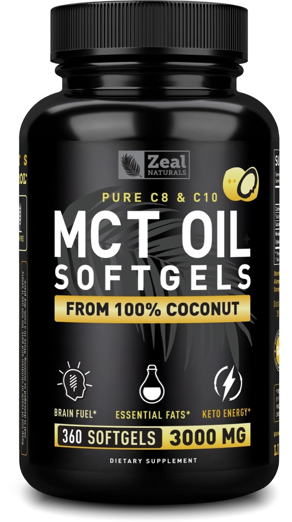 纯 MCT 油囊(360软胶 → 3000mg) 4个月供应 Keto Pills w 未精炼的椰子 - C10 & C8 脑燃料,能量,Octane Ketosis