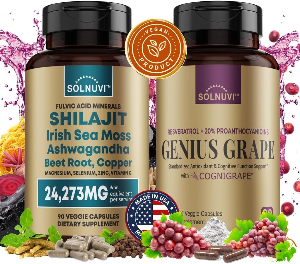 认知井包 - Resveratrol Complex & Shilajit Fulvic 酸性矿物 - 海摩斯, Ashwagandha, 临床试验 认知草红葡萄提取 - 非GMO, Gluten-free, Vegan 补编
