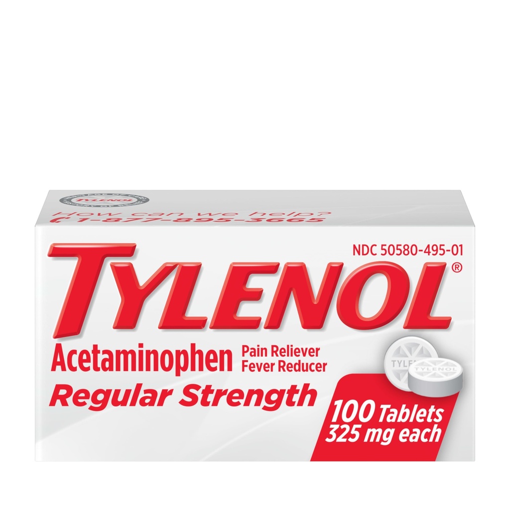 Tylenool 常规强药片,含325毫克乙酰氨基苯、减热剂和止痛剂,用于头痛、背痛、肌肉痛、联合疼痛和脑结液,100厘米