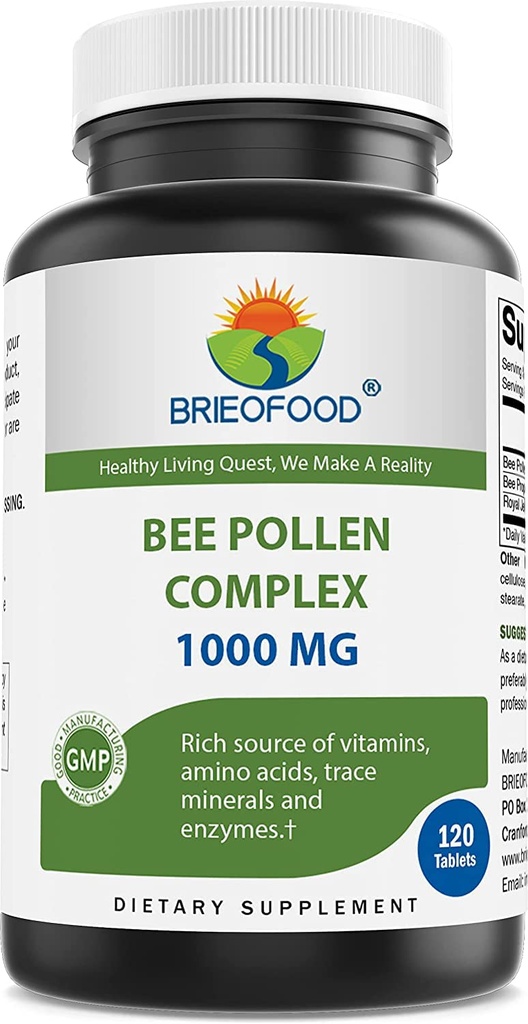 Brieofood Bee Pollen Complex 1000 mg 120 片剂 - 用Bee Pollen, Bee Propolis, & Royal Jelly Powder制作