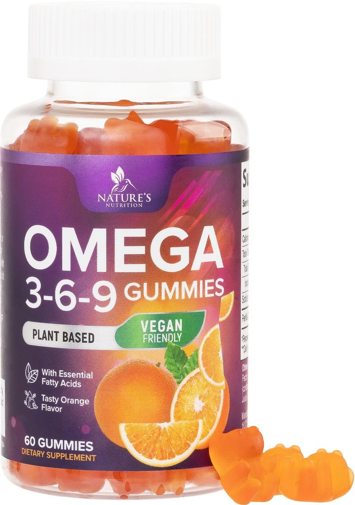 Omega 3 6 9 Gummys - Vegan Omega 3 补充 Gummy - 基本脂肪酸油 369 复合心脏支持和大脑支持 女性,男性和怀孕,无鱼非GMO,橙色裂纹 - 60 Gummys