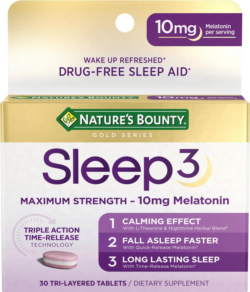 (原始内容存档于2017-09-21). Nature's Bounty Melatonin, Sleep3 最大力量100%无毒睡眠援助 L-Theanine & Nighttime Herbal Blend Time Release Technology, 10mg, 30 Tri-Layered Tables (英语).