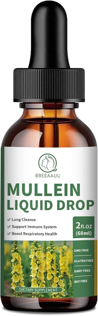 Mullein Drops for Lungs, Mullein Leaf 抽取1000MG用于呼吸,免疫和消化支持,配有Quercetin, Marshmallow, Merderberry, Black Cumin种子, Bromelain, Non-GMO, Vegan, 2 Fl Oz