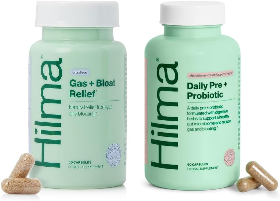 Hilma Health Gut & Bloat 支持 Bundle - Gas & Bloat Relief(50 Vegan Capsules) 与柠檬 Balm, Fennel & Peppermint Leaf + Daily Pre & Probiotic with Herbs (60 Vegan Capsules) 共同支持健康Gut(60 Vegan Capsules)