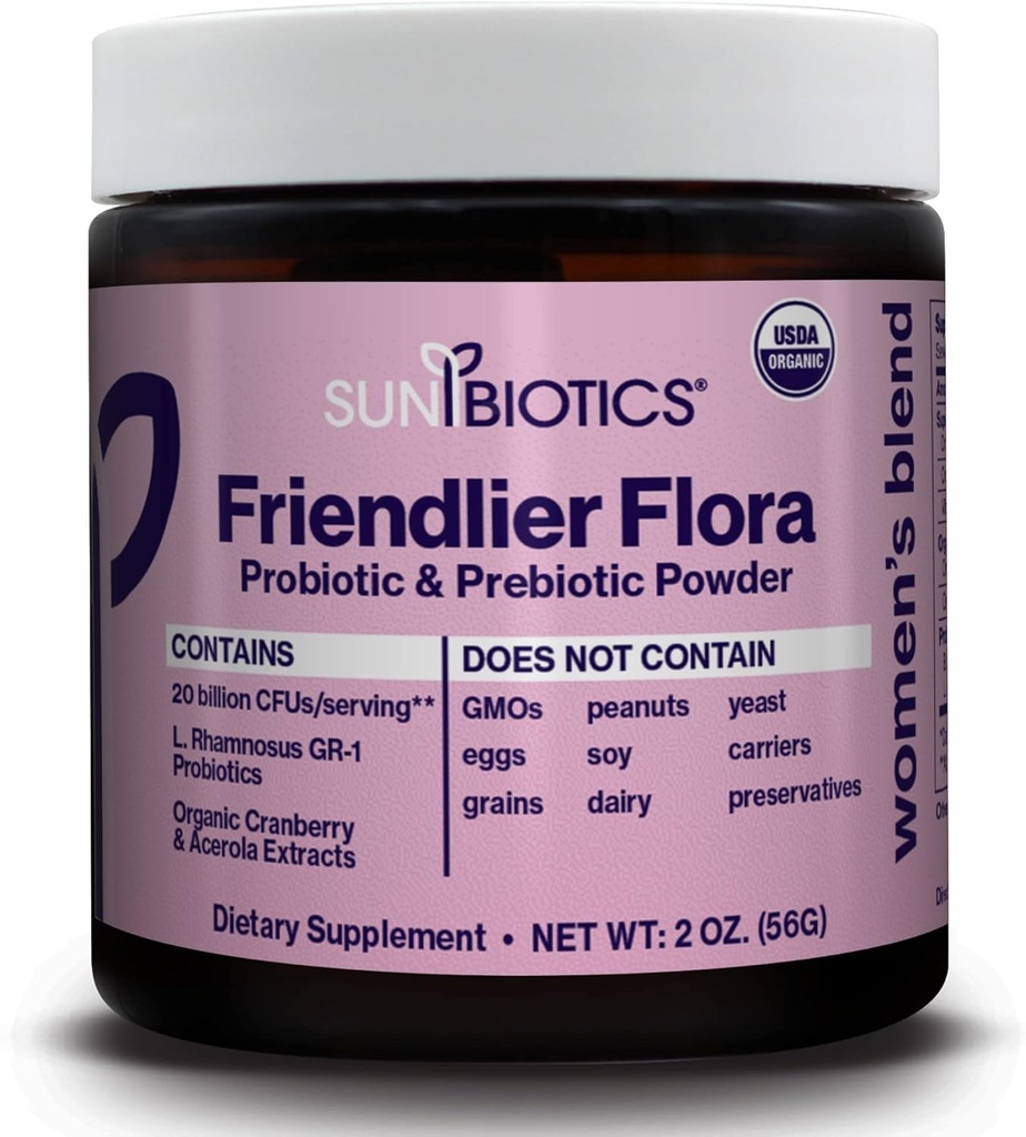 SUNBIOTICS Friendlier Flora - 妇女混合体,20亿个6种Probiotic Strains的CFUs,妇女日报消化阴道和免疫健康,非GMO和Gluten Free, 2 Ounce
