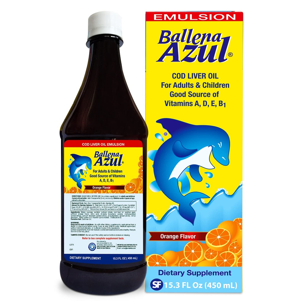 Ballena Azul Aceite de Hígado de Bacalao para Armatos y Niños, 成人和儿童的COD肝脏油,维生素A、D、E、B1的良好来源,饮食补充,Omega 3,Inmune System Boost(ORANGE 15 OZ)