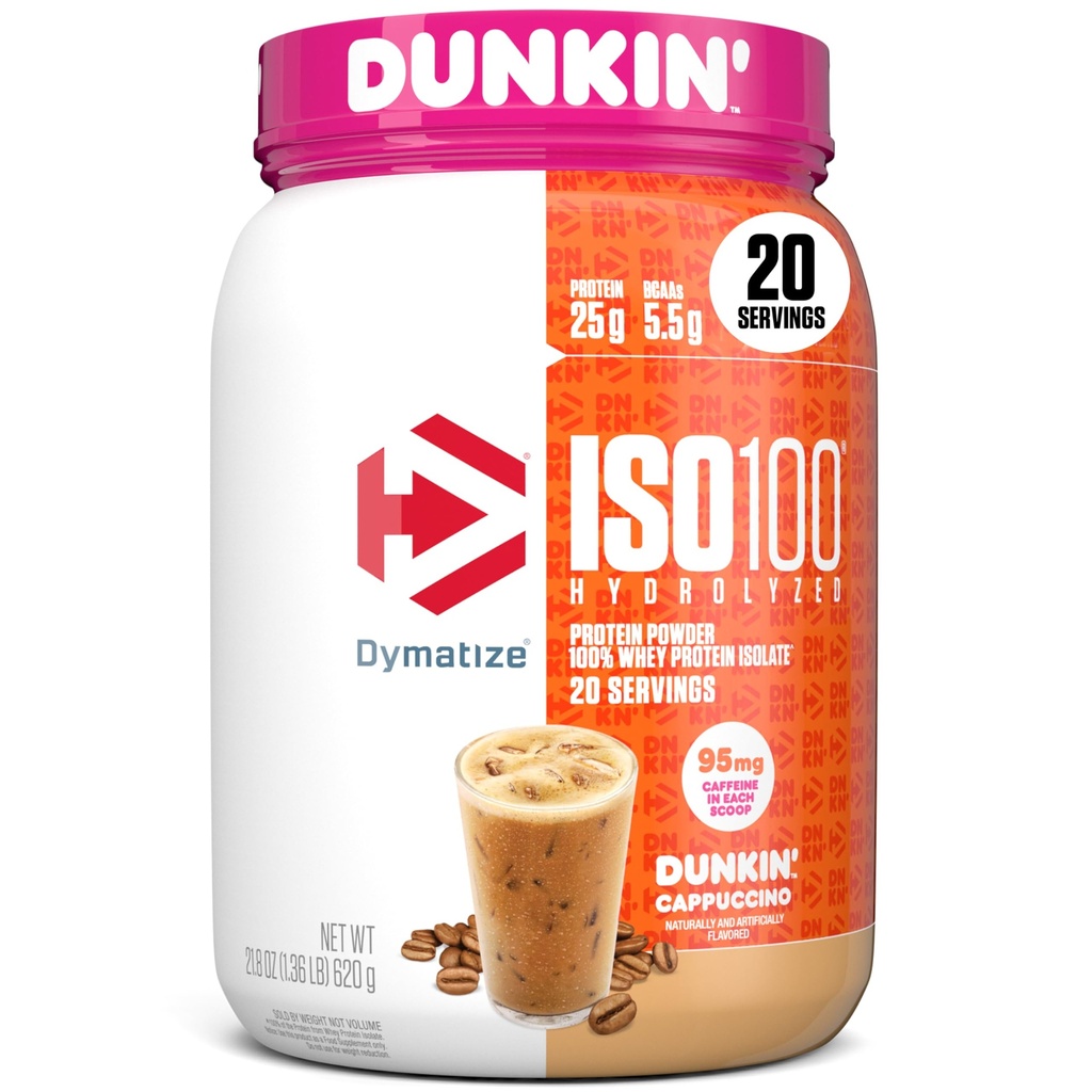 dymatize x Dunkin' Cappuccino ISO100 Whey蛋白粉,95mg Cafeine,25g of Protein5.5g BCAAs,120 Cal., Gluten Free,1g Fat,1g Sugar,2g Carb (20 services) 互联网档案馆的存檔,存档日期2014-03-02.