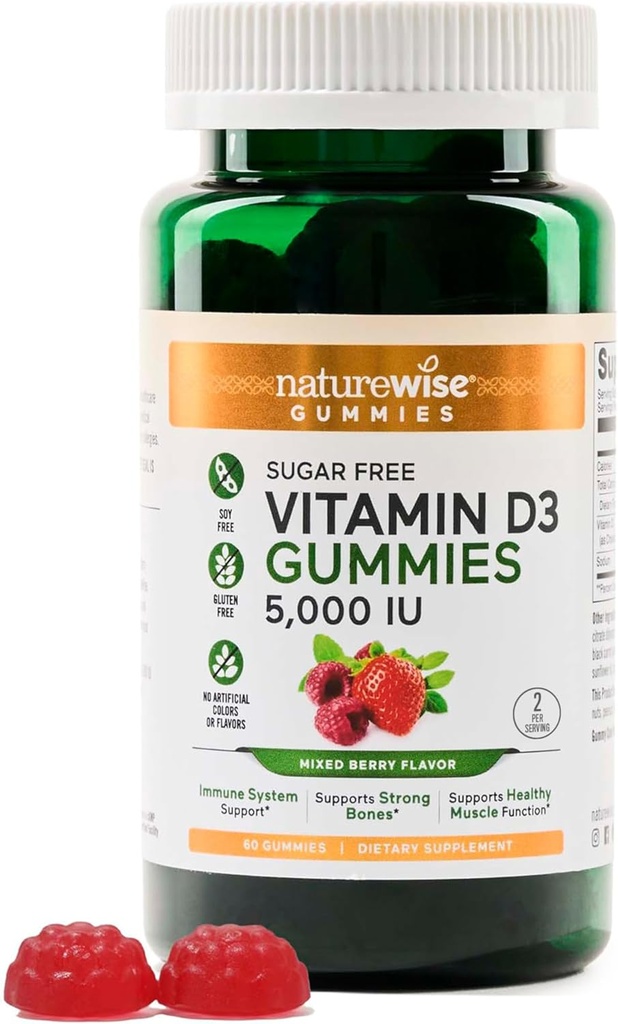 NatureWise Vitamin D35000 IU Gummys - 不含糖的混合Berry Flavor - 成人维生素D Gummys,支持豁免,肌肉和骨强力 - Gelatin- Free, Non-GMO- 60 Gummys[1-Month 供