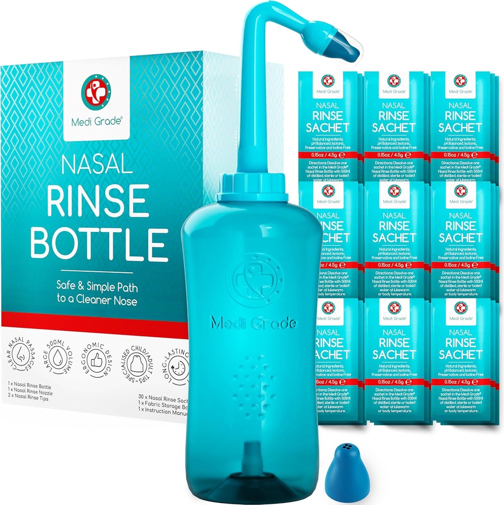 Medi Grade Sinus Rinse瓶,500毫升,装有30个Sinus Rinse包 - 完整的鼻水灌溉系统 - Neti Pot Nose清洁器 - 家用或旅行用鼻水洗碗 - 2个鼻水洗碗和存储袋