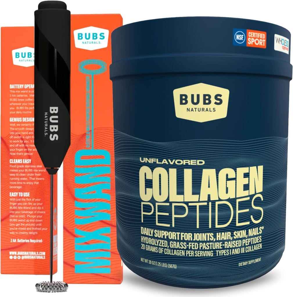 BUBS Naturals Collagen Peptides Power & Mixing Wand Bundle, 女性和男性的Collagen, 水解Peptides, 不受欢迎的草药, Keto Friendly, 20 oz Collagen Tub (28架) +1 Wand