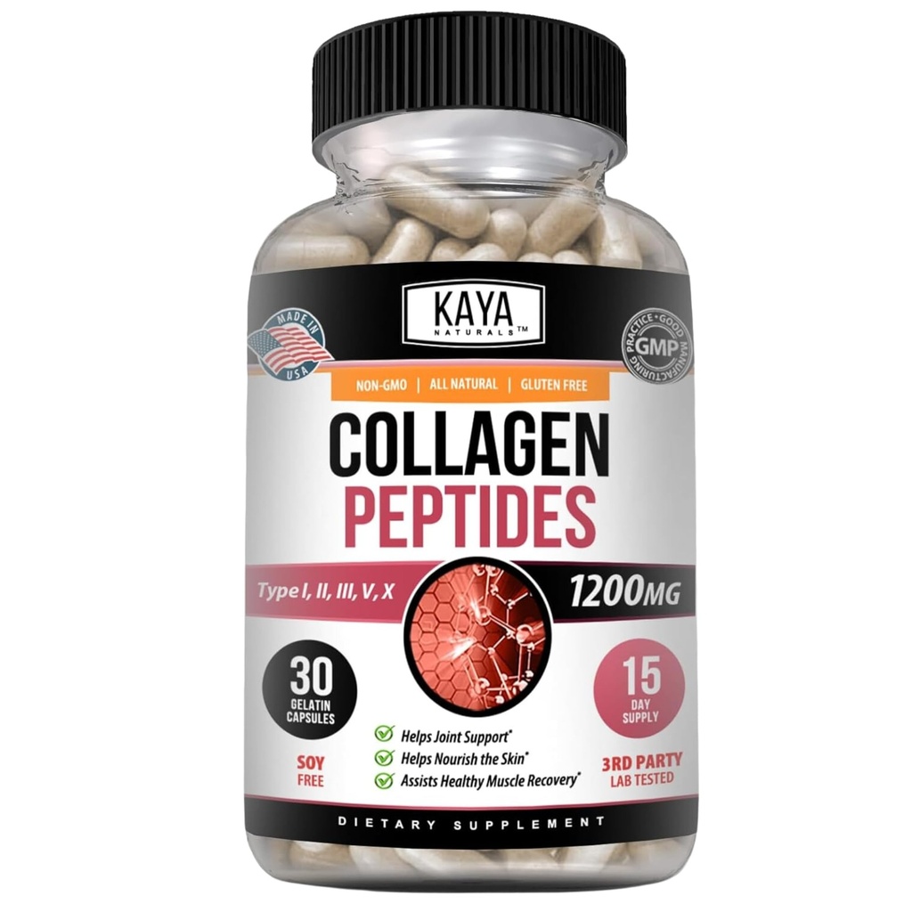 Kaya Naturals Multi Collagen Peptides 复杂粉末,用于妇女和男人,对头发,皮肤,钉子至关重要,以及抗衰老,类型为I,II,III,V & X Collagen蛋白混合剂 - 30 Capsules - Capsules