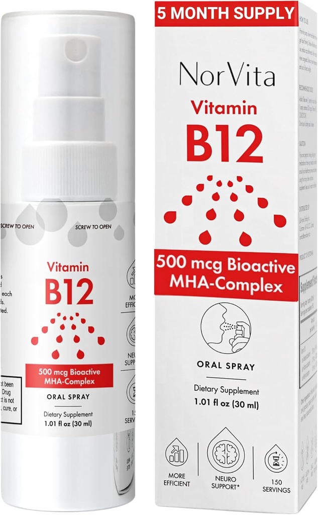 维生素B12 喷洒500 mcg(150 services) - 快速吸附 MHA 复合体(甲基乙酰Cobalamin,Hydroxycobalamin, Adenosylcobalamin) - Vegan,非GMO,液体B12 补充剂