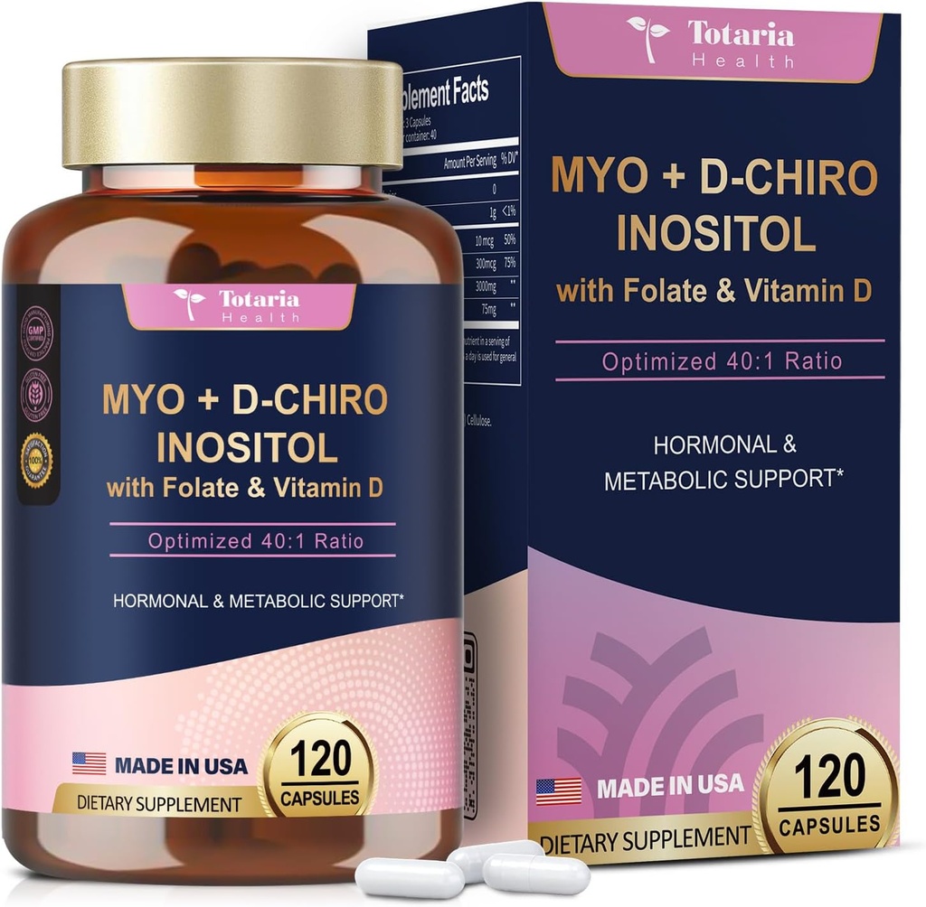 Totaria Inositol补编 - 3075mg Myo-Inositol & D-Chiro Inositol Capules 加维生素D3, Folate, 理想40:1 比率 - 女性和奥瓦里安的荷尔蒙平衡* 支持QQ Vegan,非GMO - 120 盖普