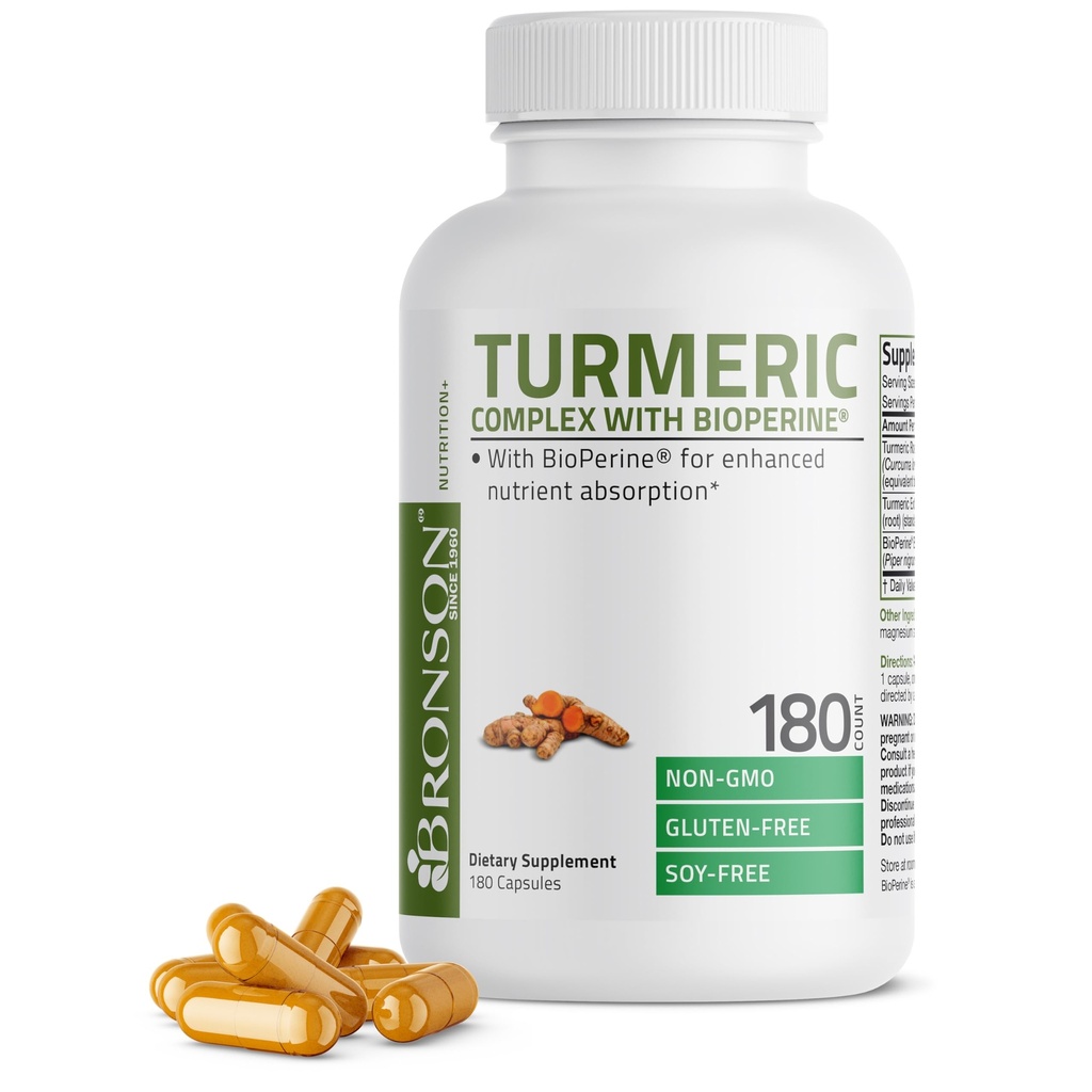 Bronson Turmeric Curcumin with BioPerine - 高概率 Premium 联合支持 95% 标准化 Curcuminoids - 非GMO Capsules with Black Pepper - 180 计数