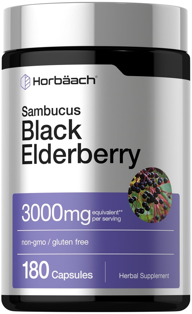 Horbäach Black Elderberry | 30000mg Capsules | 180 Counter | Non-GMO, Gluten Free |  Sam Sambucus 摘录补编