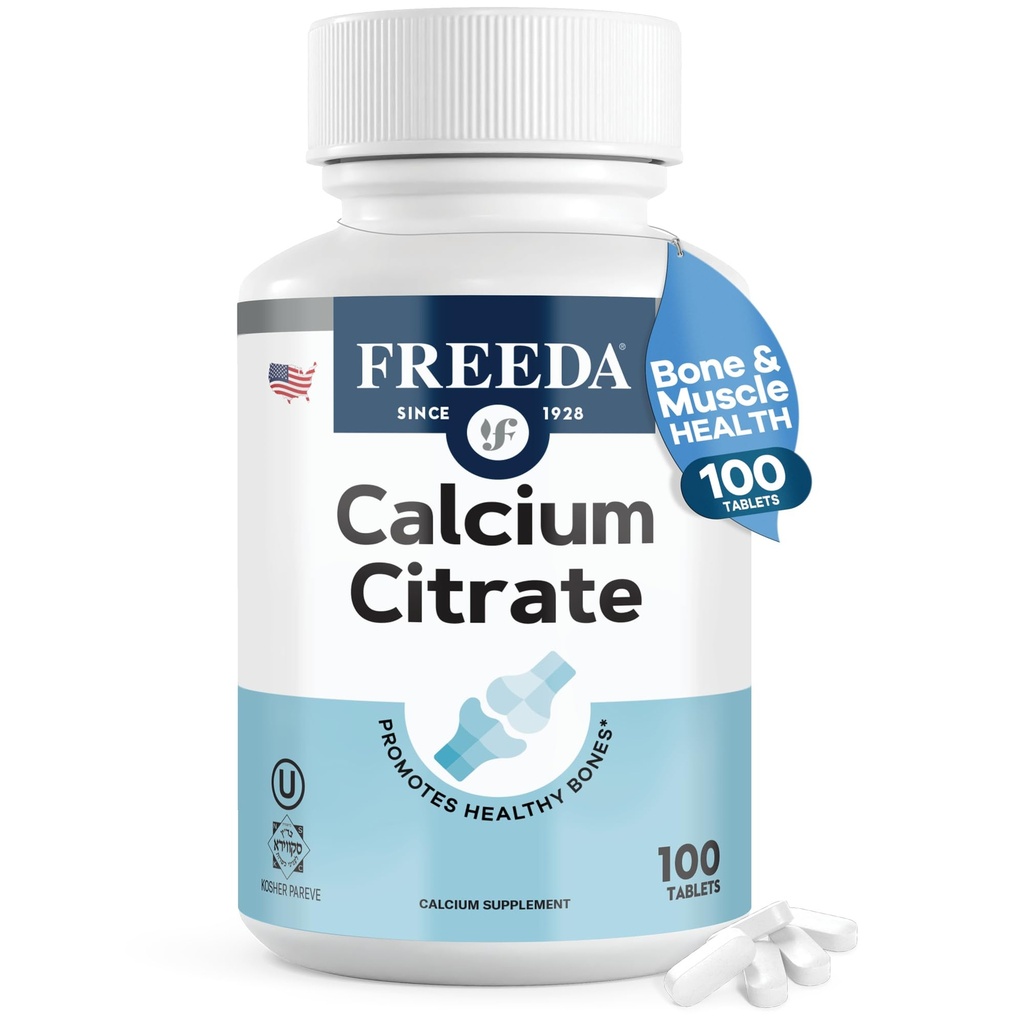 Freeda Calcium Citrate – Kosher Vegan Bone 力量补充 – 支持 Bone 密度和肌肉函数 – 每服务1000mg – 没有添加维生素 D – (100平板)