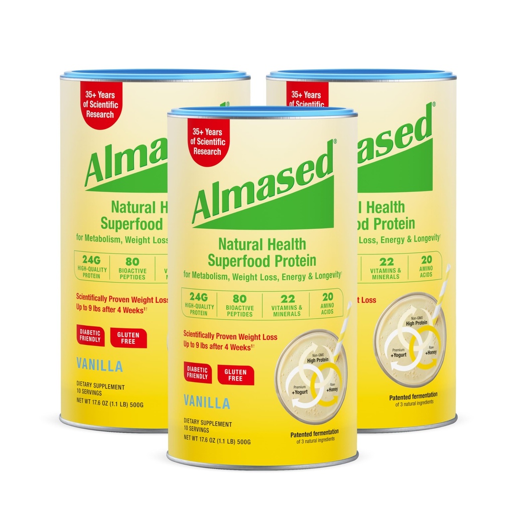 Almased Vanilla Meal Modern Shake - 低甘油高原植物基蛋白粉 - 营养体重健康支持补充剂 - Vanilla Flavor - 17.6 oz(1.1英镑(3包))