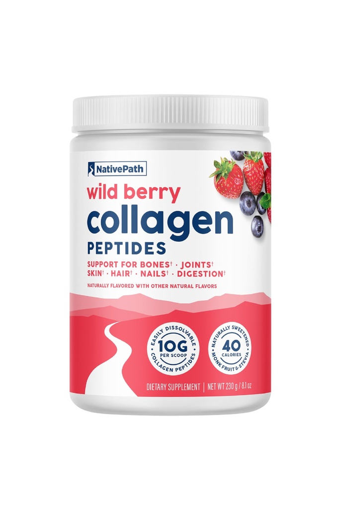 原生Path Colagen Peptides - 水解1型和3型Colagen. Keto & Paleo Grass-Fed蛋白粉,用于毛发、皮肤、钉子、骨骼、关节、文摘和更多 -- -- 不使用Gluten或乳制品(Wild Berry, 230g)