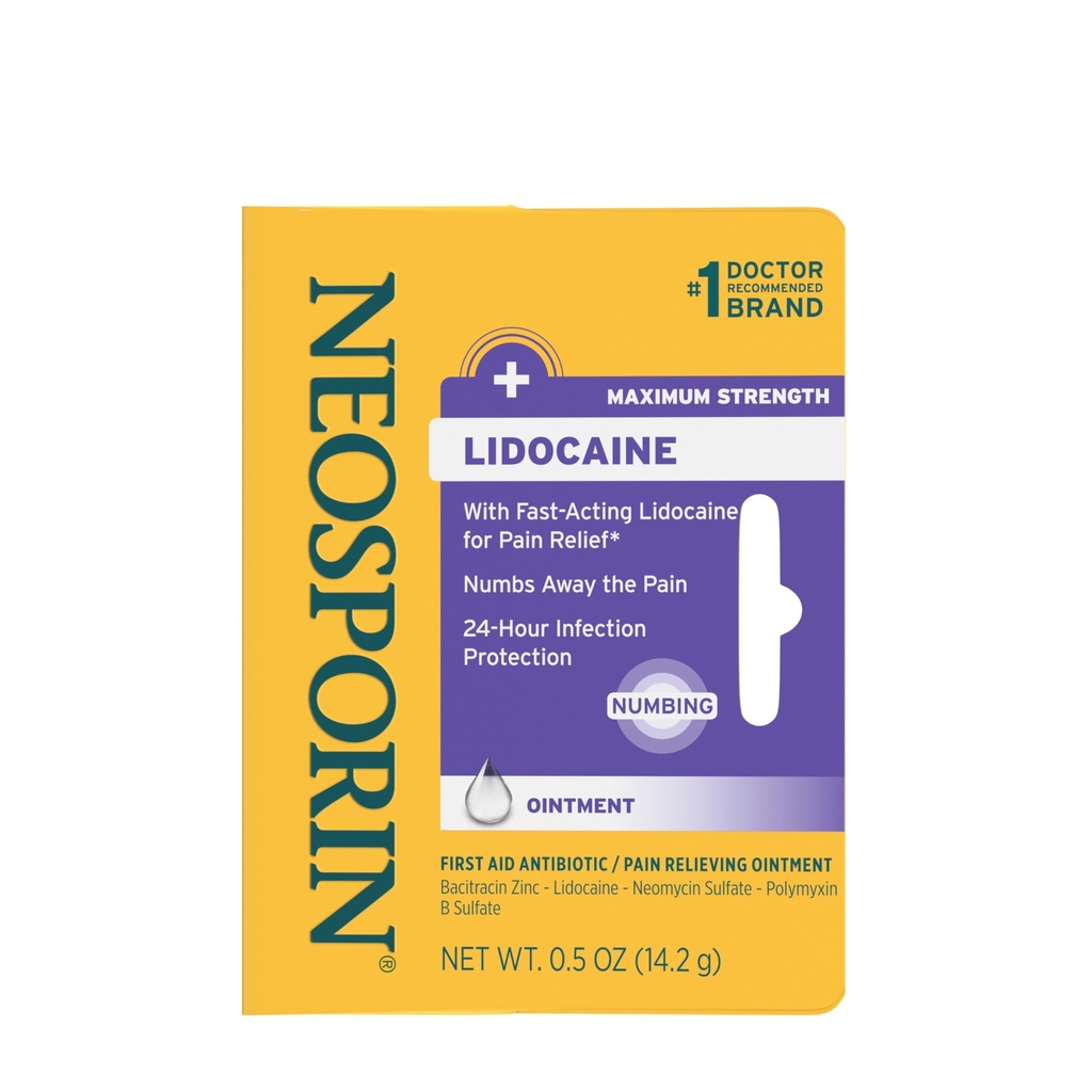 Neosporin + Lidocaine 急救抗生素膏剂,最大强度和快速作用 专题疼痛解脱,24小时感染保护 Numbs Away The Pain, Bacitracin Zinc, 0.5 oz