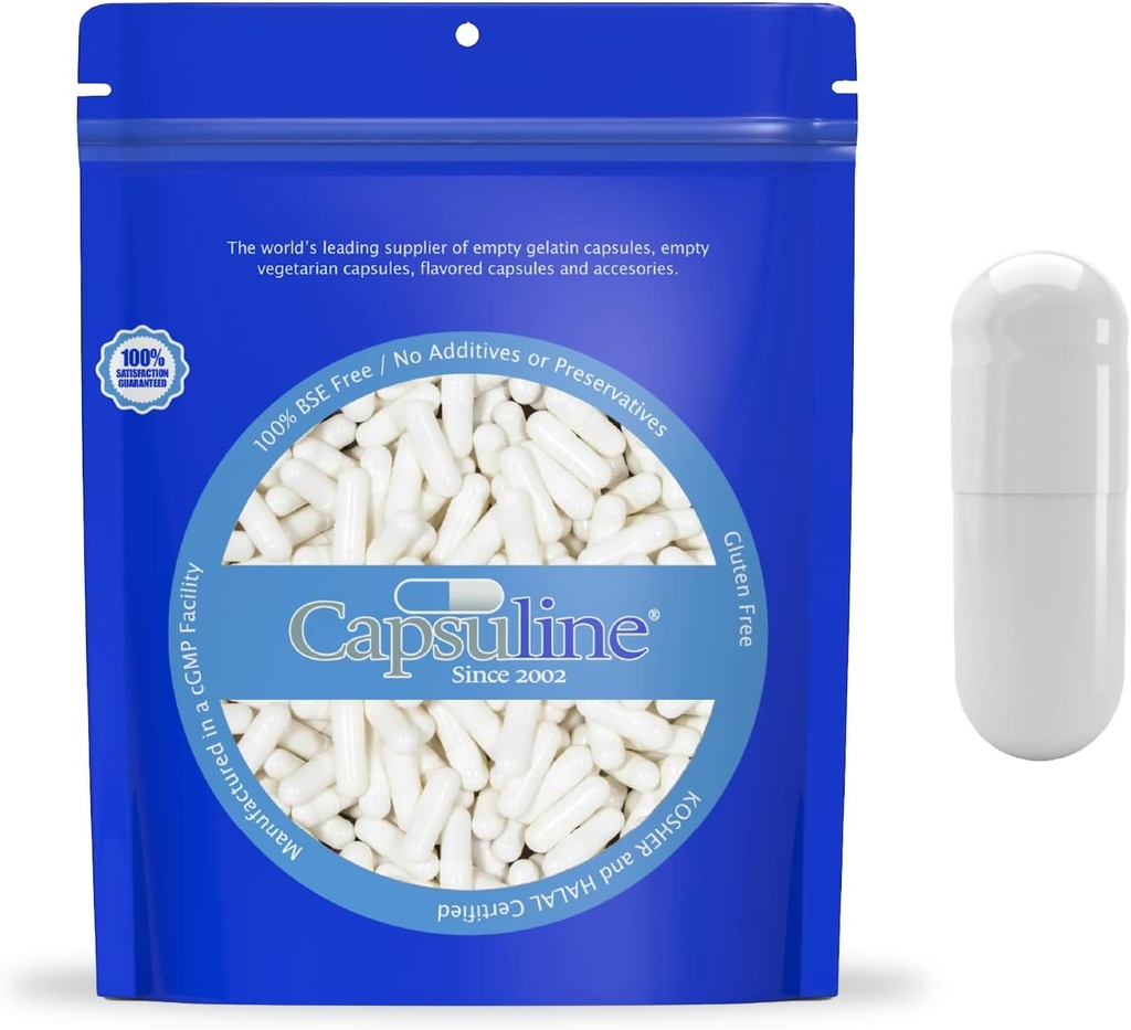Capsuline Size 000 - 彩色白色空格莱汀 Capsules - 10000 计数 - 空格莱尔 Pill Capsules - DIY 纯波文佩尔 Capsule 填充 - 空格莱尔 Caps - 科舍尔和哈拉尔认证 - 非GMO认证