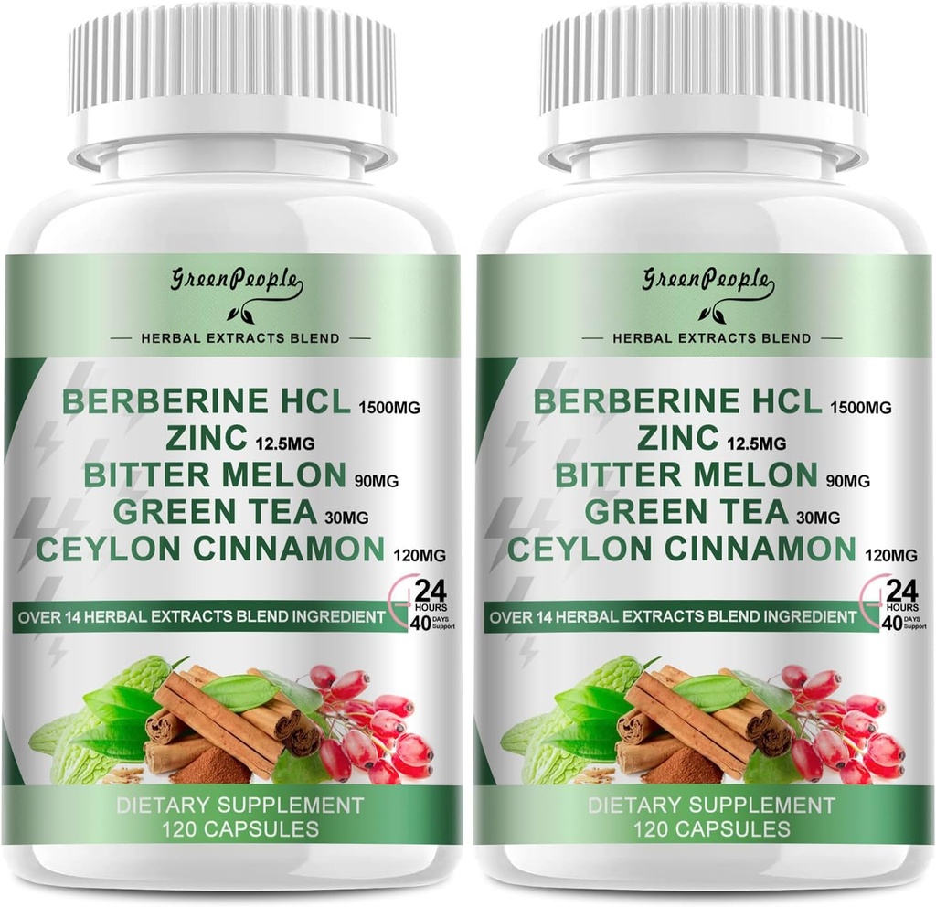 GREENPEOPLE 柏柏林补充剂 锡兰桂 - 120 伯伯林伯爵 1500mg 柏柏林 HCL Capsules 配有 Bitter Melon/Artichoke 提取剂和天然草药 用于免疫支持 2 Pack