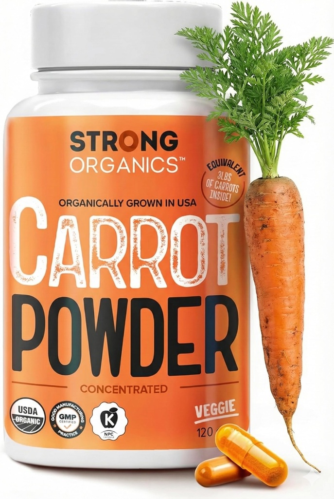 USDA 有机胡萝卜粉末 Capsules (120), 生长于美国, 眼部支持, Beta Carotene, 维生素A, Carotinoids, 抗氧化剂, 106°F Max, Vegan, Kosher-2 月供应